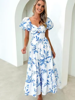 New Puff Sleeve Twist Detail Midi Dress Casual Dresses|Vacation Dresses