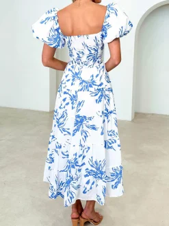 New Puff Sleeve Twist Detail Midi Dress Casual Dresses|Vacation Dresses
