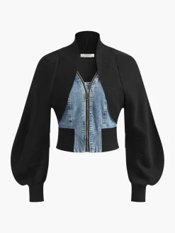 Outlet Puff-Sleeve Denim Panel Slim Jacket Outerwear|Jackets