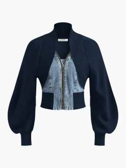 Outlet Puff-Sleeve Denim Panel Slim Jacket Outerwear|Jackets