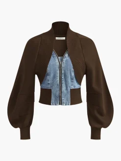 Outlet Puff-Sleeve Denim Panel Slim Jacket Outerwear|Jackets