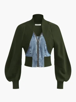 Clearance Puff-Sleeve Denim Panel Slim Jacket Outerwear|Jackets
