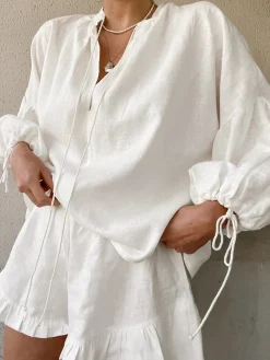 Sale Pure Cotton Adjustable Cuff Ruffle Hem Shorts Set Shorts Sets|Long Sleeve Sets