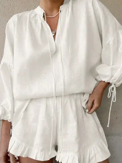 Sale Pure Cotton Adjustable Cuff Ruffle Hem Shorts Set Shorts Sets|Long Sleeve Sets