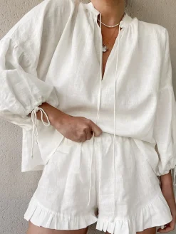 Sale Pure Cotton Adjustable Cuff Ruffle Hem Shorts Set Shorts Sets|Long Sleeve Sets