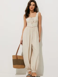 Sale Pure Cotton Backless Tie-Front Jumpsuit White Dresses|Jumpsuits & Rompers