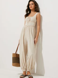 Sale Pure Cotton Backless Tie-Front Jumpsuit White Dresses|Jumpsuits & Rompers