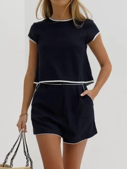 Clearance Pure Cotton Contrast Trim Shorts Set Shorts Sets|Shorts