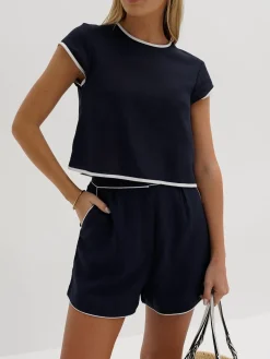 Clearance Pure Cotton Contrast Trim Shorts Set Shorts Sets|Shorts