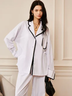 Outlet Pure Cotton Contrast Trim Lapel Shirt Long Sleeve Sets|Blouses & Shirts
