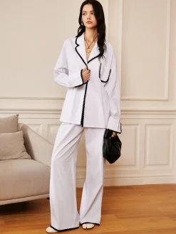 Outlet Pure Cotton Contrast Trim Lapel Shirt Long Sleeve Sets|Blouses & Shirts