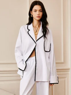 Outlet Pure Cotton Contrast Trim Lapel Shirt Long Sleeve Sets|Blouses & Shirts