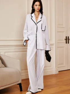 Sale Pure Cotton Contrast Trim Cozy Pants Long Sleeve Sets|Pants