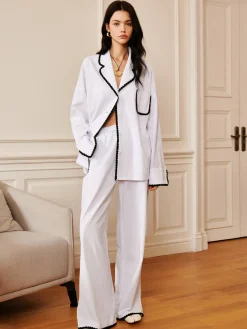 Sale Pure Cotton Contrast Trim Cozy Pants Long Sleeve Sets|Pants