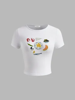 Outlet Pure Cotton Food Printed T-Shirt T-shirts|Tops