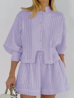 New Pure Cotton Pinstripe Long-Sleeve Shorts Set Shorts Sets|Shorts