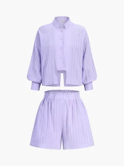 New Pure Cotton Pinstripe Long-Sleeve Shorts Set Shorts Sets|Shorts