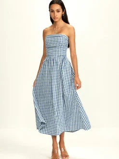 Outlet Pure Cotton Plaid Panel Tube Dress Vacation Dresses|Summer Dresses