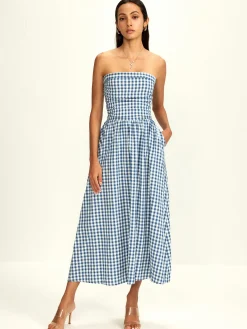 Outlet Pure Cotton Plaid Panel Tube Dress Vacation Dresses|Summer Dresses