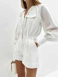 New Pure Cotton Pocket Short Jumpsuit White Dresses|Jumpsuits & Rompers