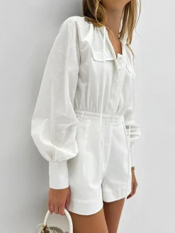 New Pure Cotton Pocket Short Jumpsuit White Dresses|Jumpsuits & Rompers