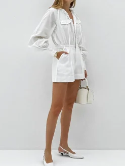 New Pure Cotton Pocket Short Jumpsuit White Dresses|Jumpsuits & Rompers