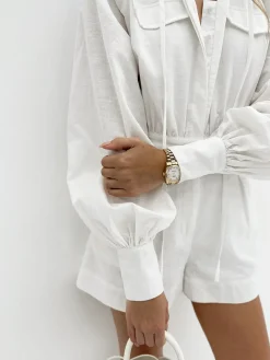 New Pure Cotton Pocket Short Jumpsuit White Dresses|Jumpsuits & Rompers