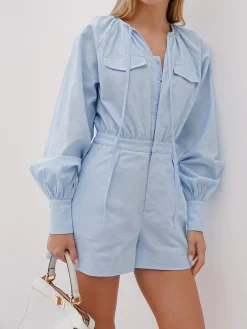 New Pure Cotton Pocket Short Jumpsuit White Dresses|Jumpsuits & Rompers
