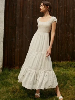 Outlet Pure Cotton Ruched Long Dress White Dresses|Vacation Dresses