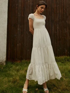 Outlet Pure Cotton Ruched Long Dress White Dresses|Vacation Dresses