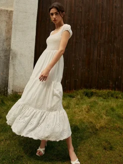 Outlet Pure Cotton Ruched Long Dress White Dresses|Vacation Dresses