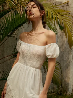 Outlet Pure Cotton Ruched Long Dress White Dresses|Vacation Dresses