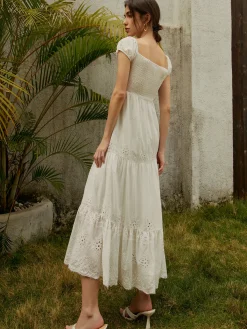 Outlet Pure Cotton Ruched Long Dress White Dresses|Vacation Dresses