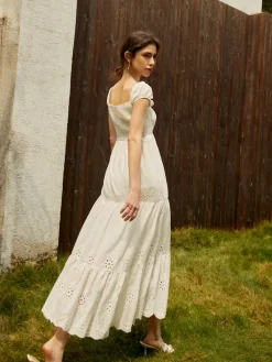 Outlet Pure Cotton Ruched Long Dress White Dresses|Vacation Dresses