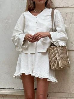Outlet Pure Cotton Ruffle Decor Shorts Set Shorts Sets|Shorts