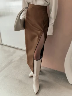 Discount Quiet Luxury Faux Leather Slit Midi Skirt Skirts|Bottoms