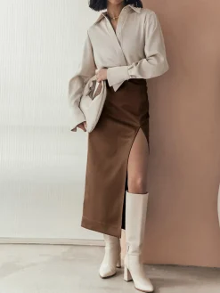 Discount Quiet Luxury Faux Leather Slit Midi Skirt Skirts|Bottoms