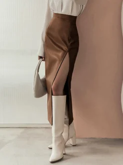 Discount Quiet Luxury Faux Leather Slit Midi Skirt Skirts|Bottoms