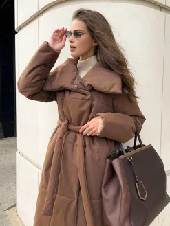 Outlet Quilted Long Winter Coat With Belt Outerwear|Coats