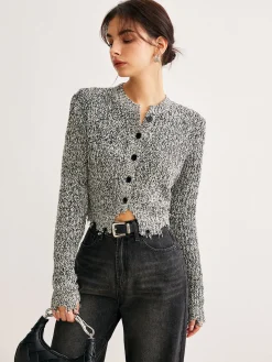Outlet Raw Hem Button Slim Knit Top Sweater Tops|Sweaters & Cardigans
