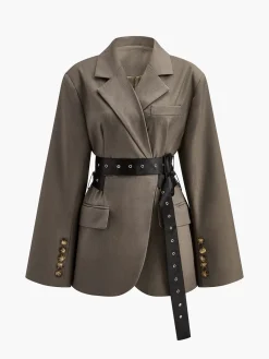 Hot Retro Button Blazer With Belt Outerwear|Blazers