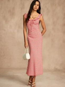 Hot Retro Gingham V-Neck Fishtail Dress Dresses