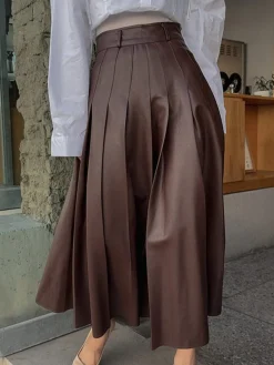 Discount Retro Pleated PU Leather Skirt Skirts|Bottoms
