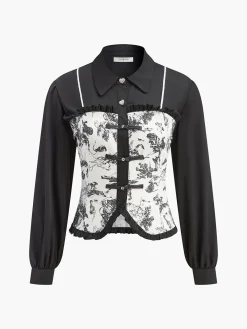 Clearance Retro Printed Slim Polo Blouse Blouses & Shirts|Tops