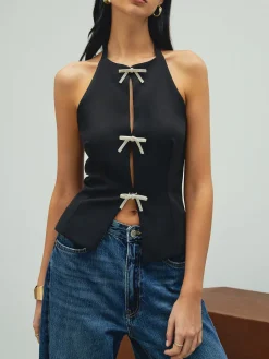 Best Rhinestone Bow Decor Halter Tank Top Tank Tops & Camis|Tops