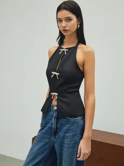 Best Rhinestone Bow Decor Halter Tank Top Tank Tops & Camis|Tops