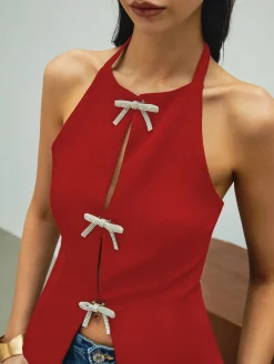 Best Rhinestone Bow Decor Halter Tank Top Tank Tops & Camis|Tops