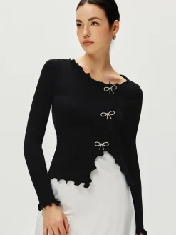 Hot Rhinestone Bow Lettuce Trim Sweater Sweater Tops|Sweaters & Cardigans