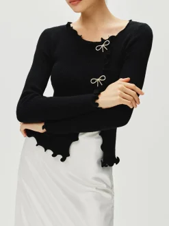 Hot Rhinestone Bow Lettuce Trim Sweater Sweater Tops|Sweaters & Cardigans