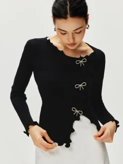 Hot Rhinestone Bow Lettuce Trim Sweater Sweater Tops|Sweaters & Cardigans